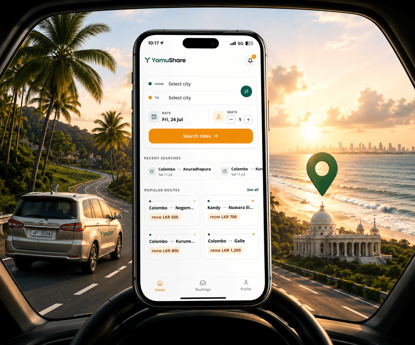 YamuShare ride sharing app preview showing a Sri Lankan carpool journey